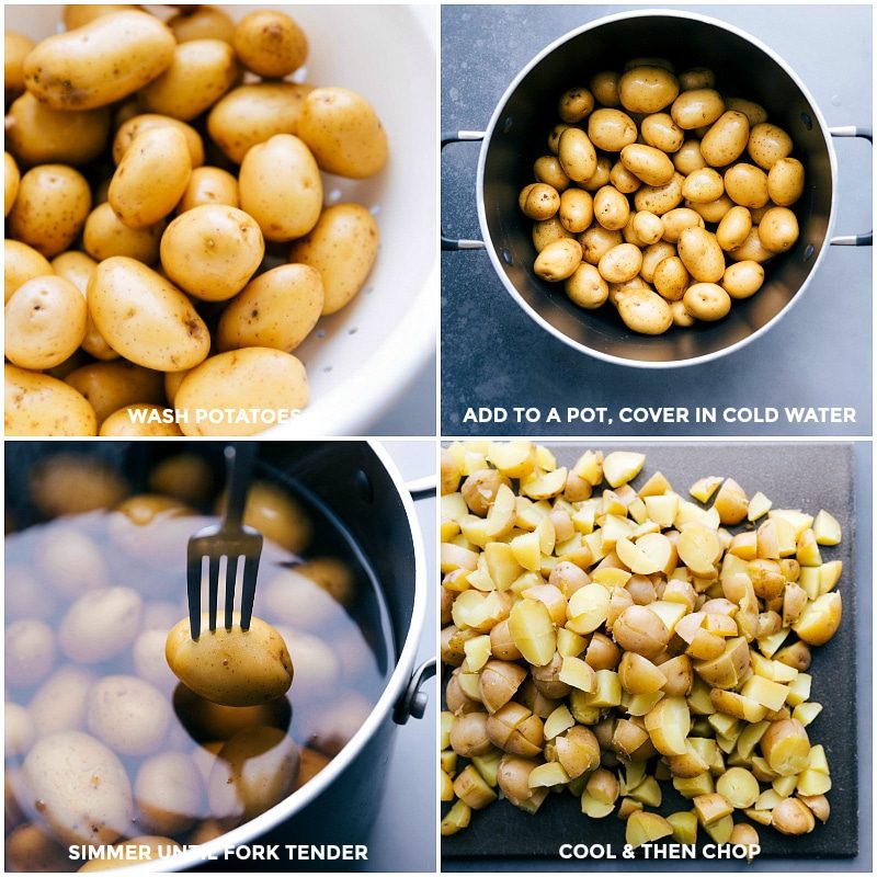 Washing Yukon gold potatoes, then simmering them in a pot until fork-tender, followed by cooling and chopping.