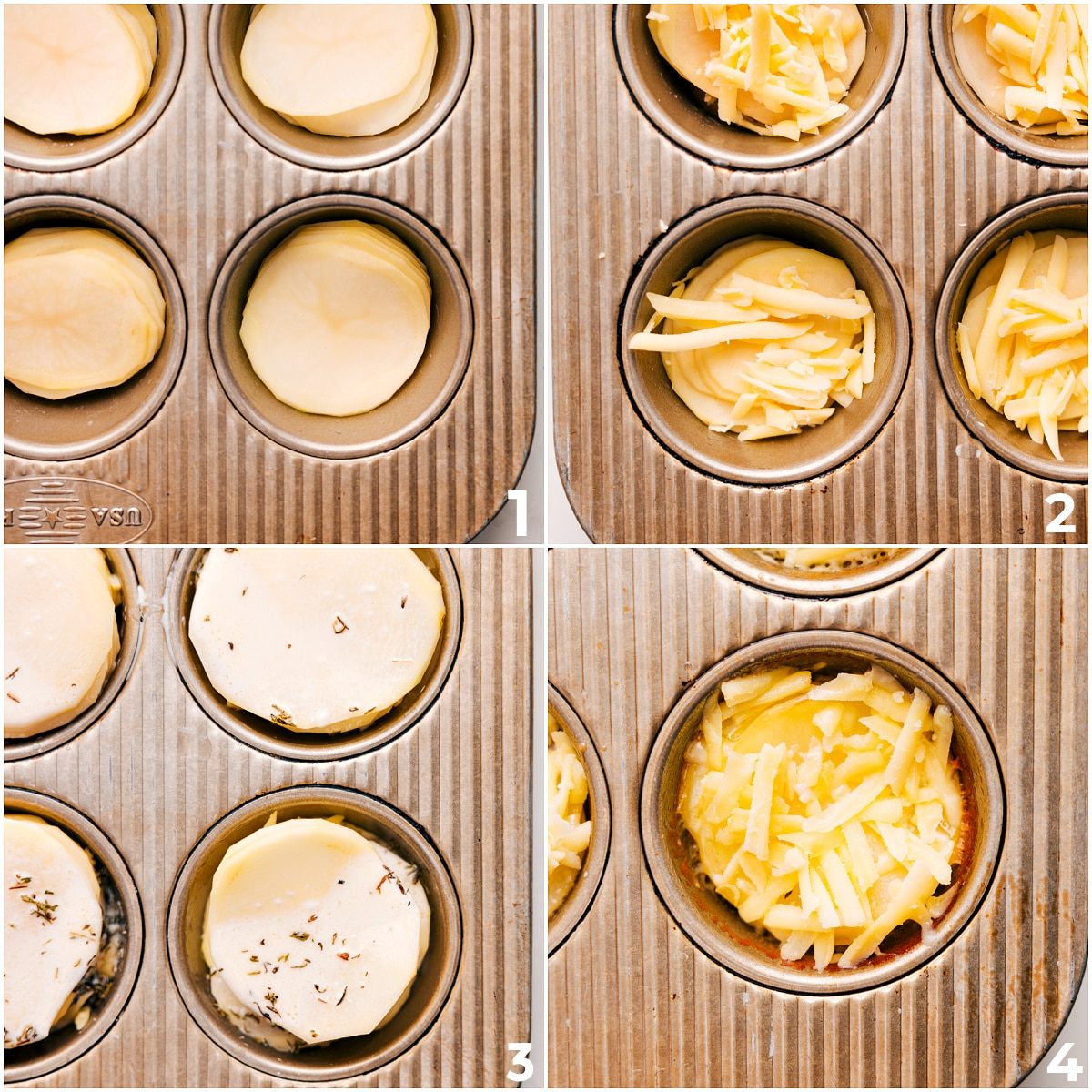 Thinly sliced potatoes layered in a muffin tin with cheese, butter, garlic, cream, seasonings, and fresh thyme.
