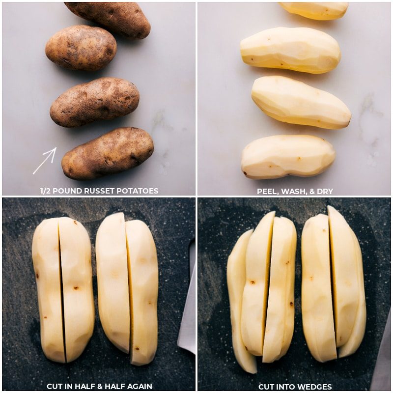 The potatoes being washed, cut and prepped.