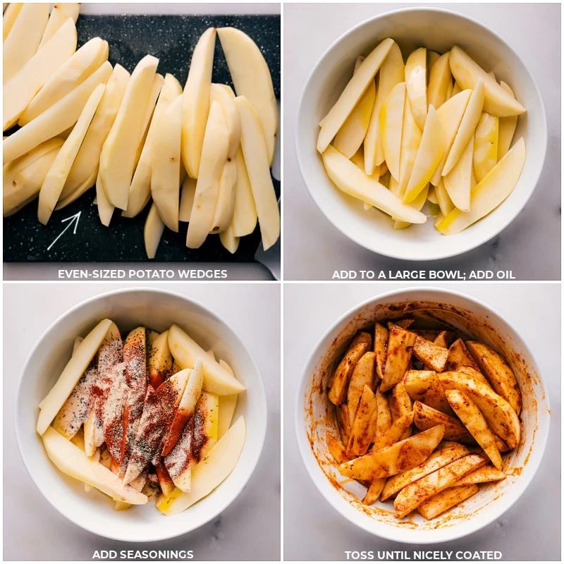 Potato wedges being seasoned in a bowl and tossed together.
