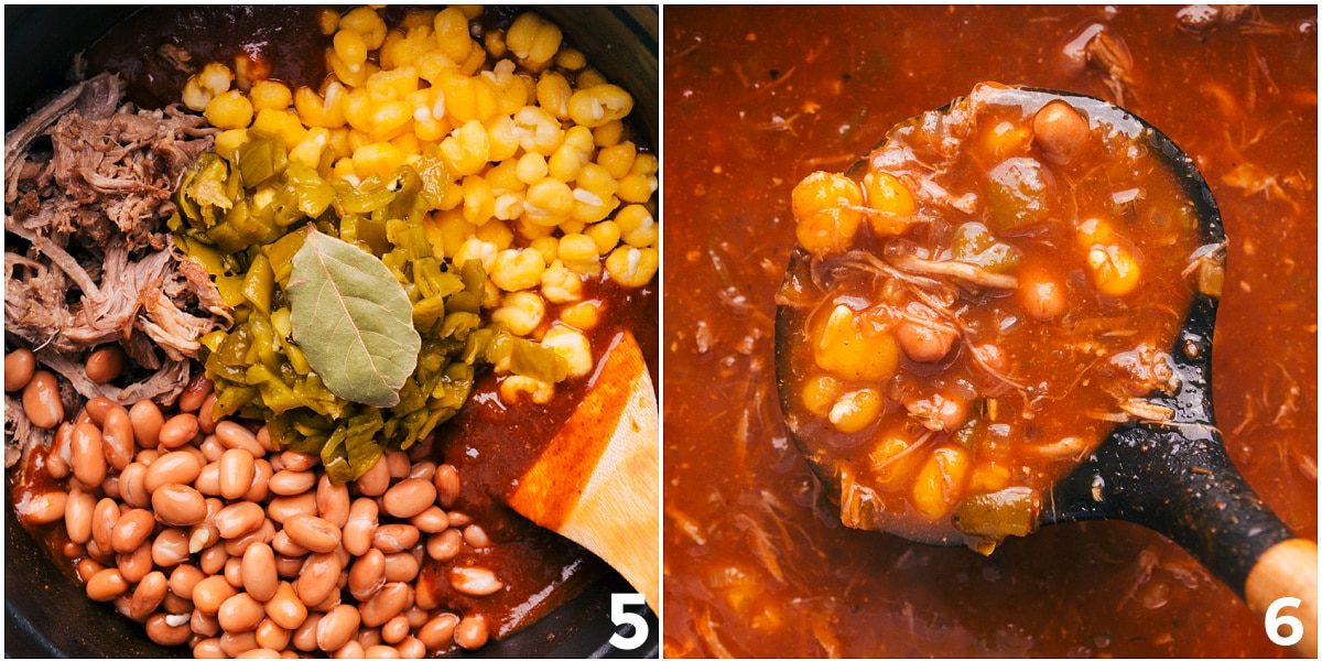 The hominy, peppers, bay leaf, beef, and beans added to the soup and it all being cooked together.