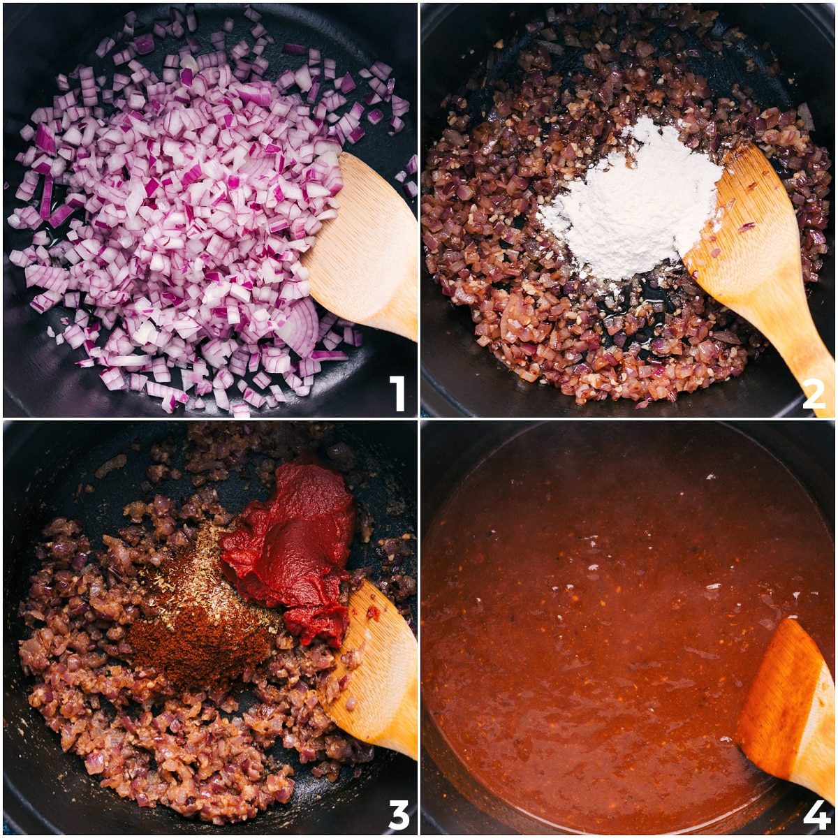 Onions sautéing in a pan with flour, seasonings, and tomato paste mixed in, then everything cooked together before adding broth for this pozole recipe.