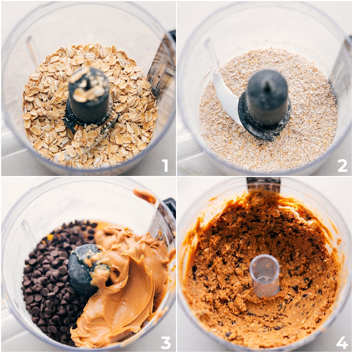 All the ingredients in these from-scratch protein bars added to a food processor and it all being pulsed together.