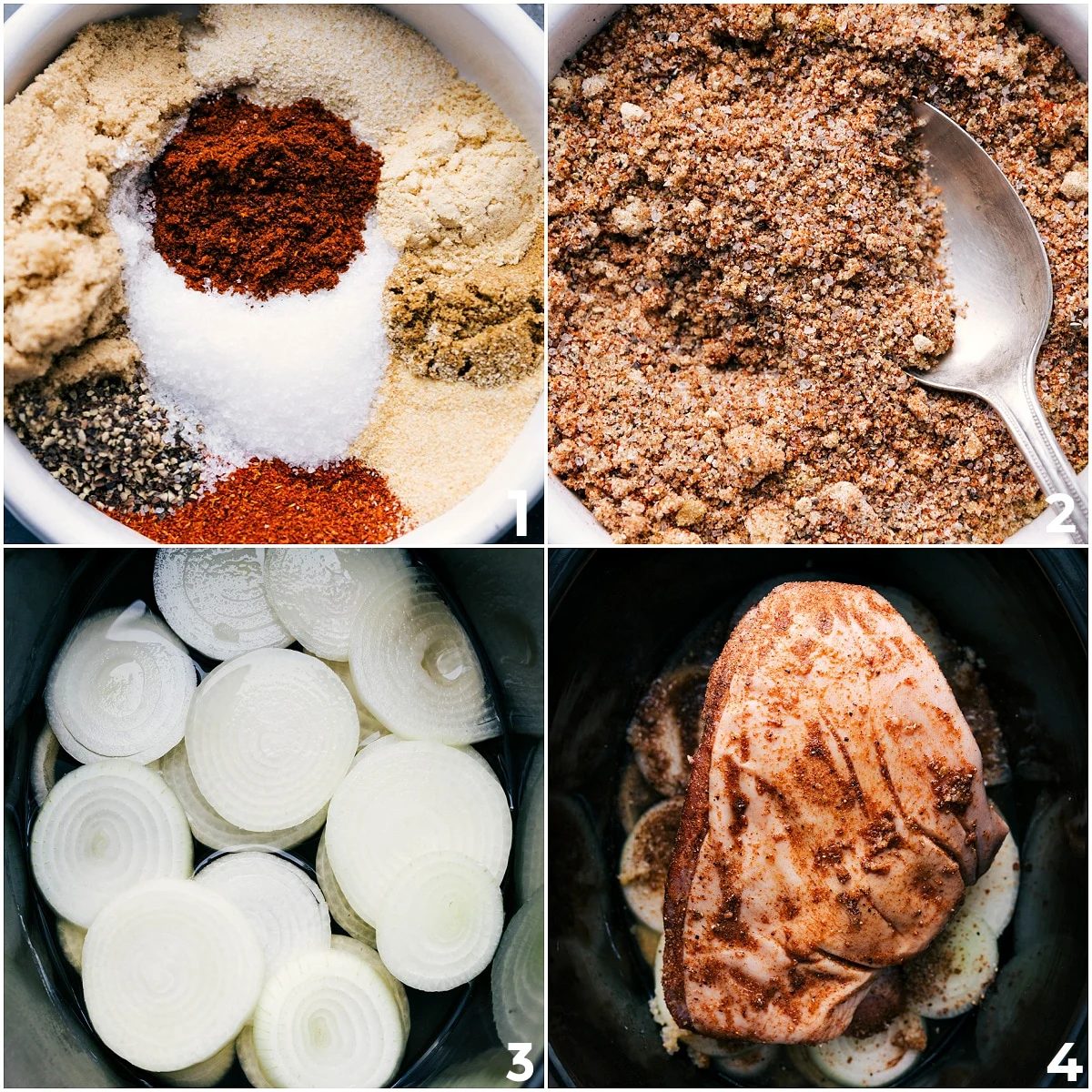 Spice mix, onions, and pork added to slow cooker to slow cook.
