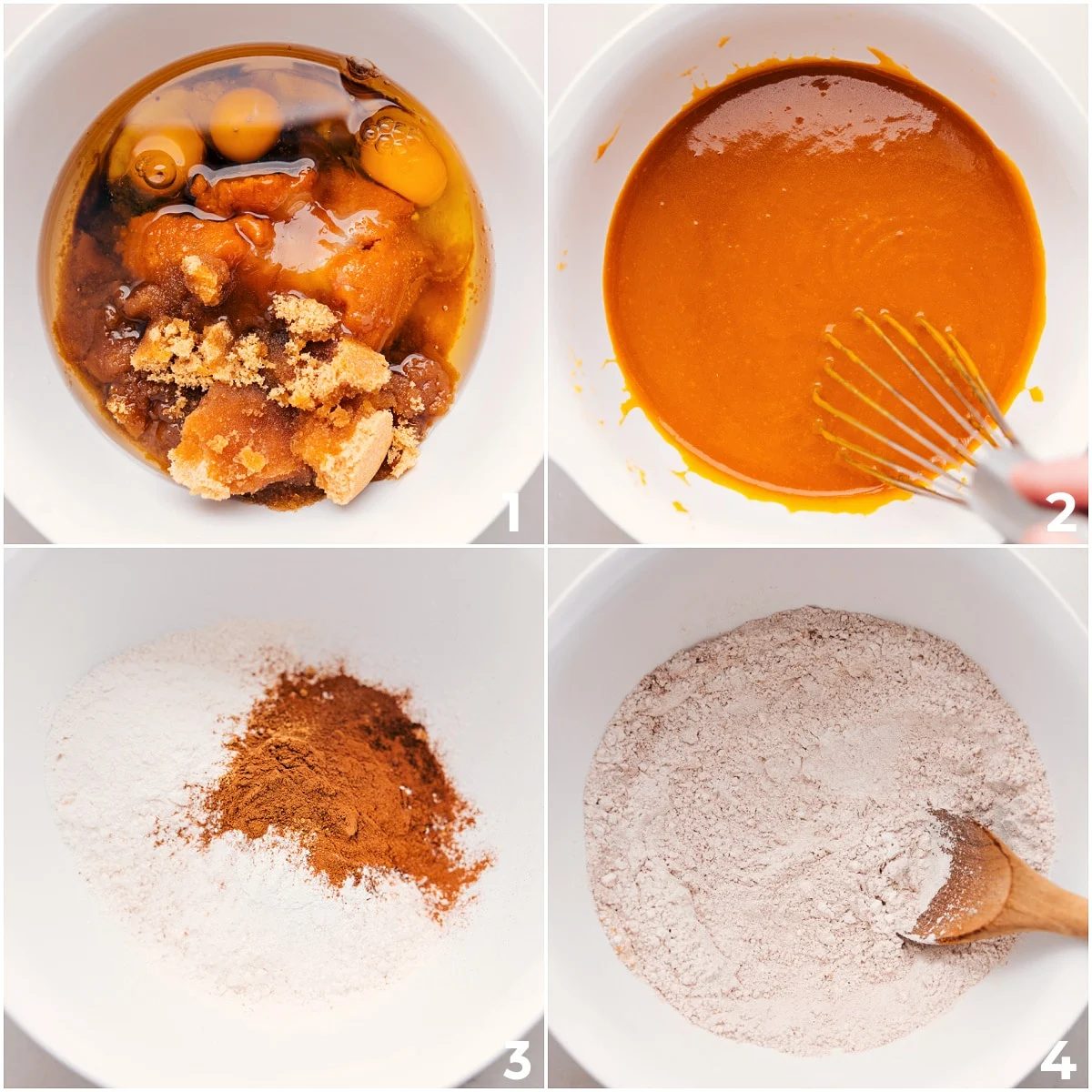 All the wet ingredients whisked together and dry ingredients mixed together for these simple Pumpkin Squares Recipe.