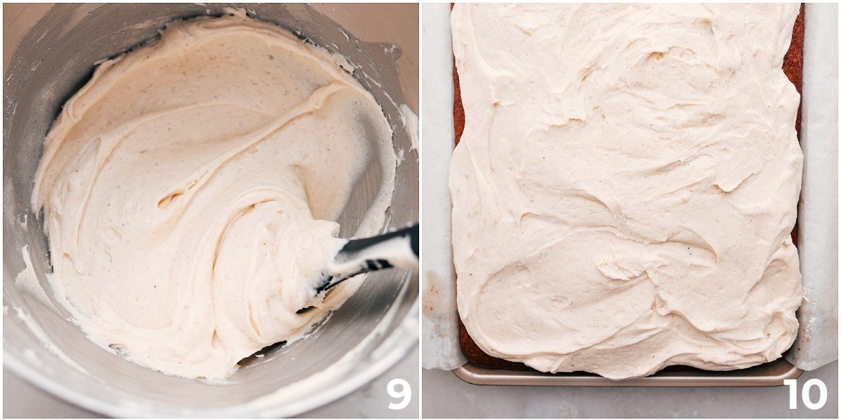 The frosting being mixed together and spread on the Pumpkin Squares Recipe.