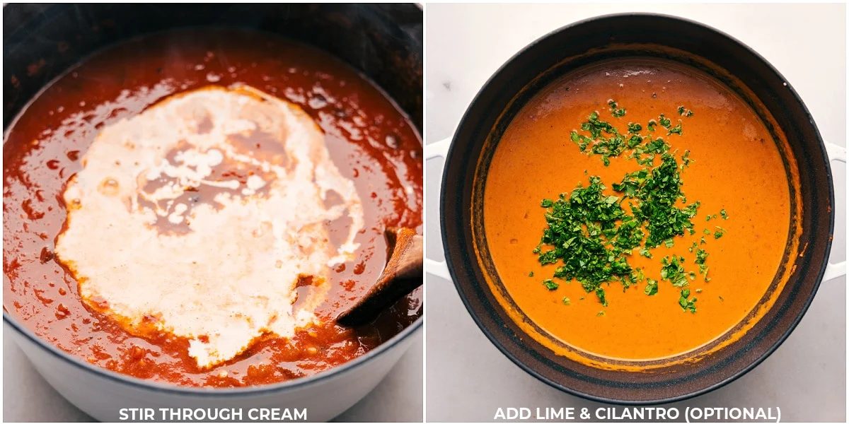 Images depicting the addition of cream to the dish, followed by cilantro finish.