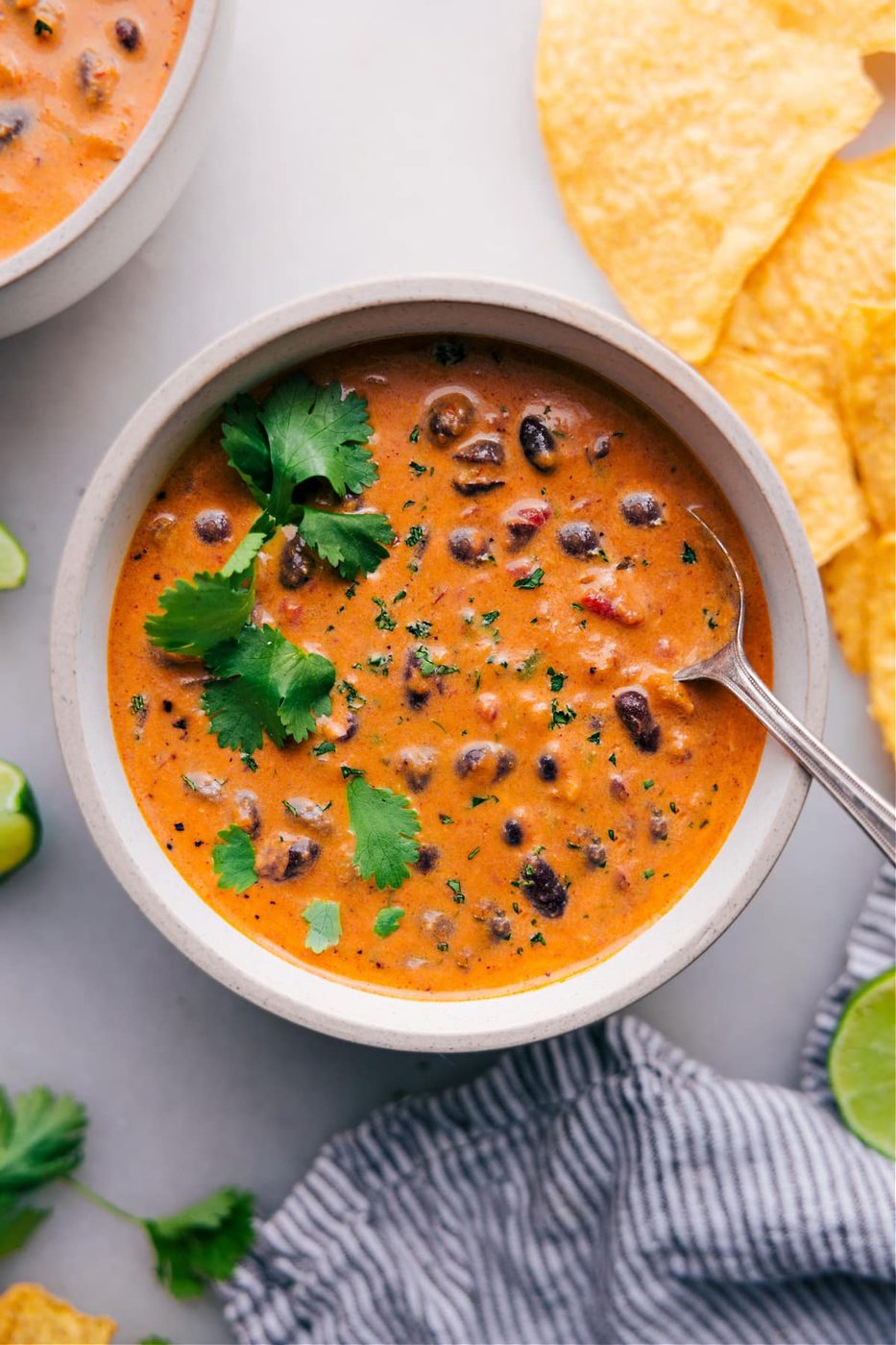 Overhead view of a bowl filled with Pumpkin Black Bean Soup