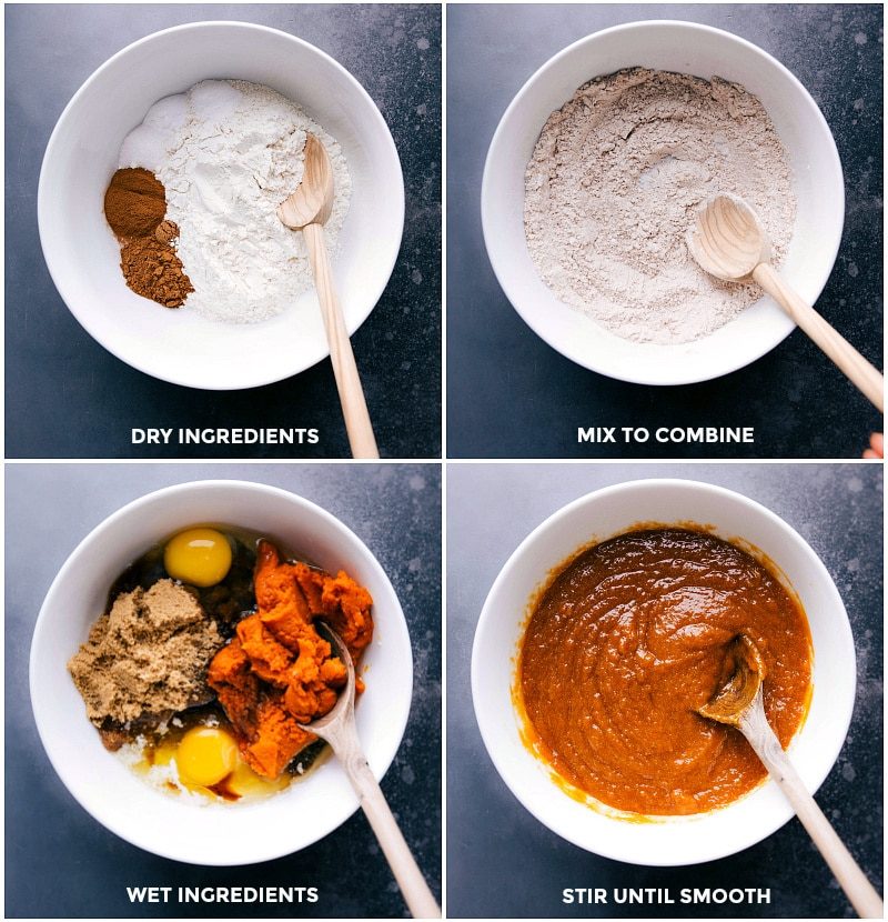 Mixing wet and dry components for the satisfying pumpkin bread recipe.