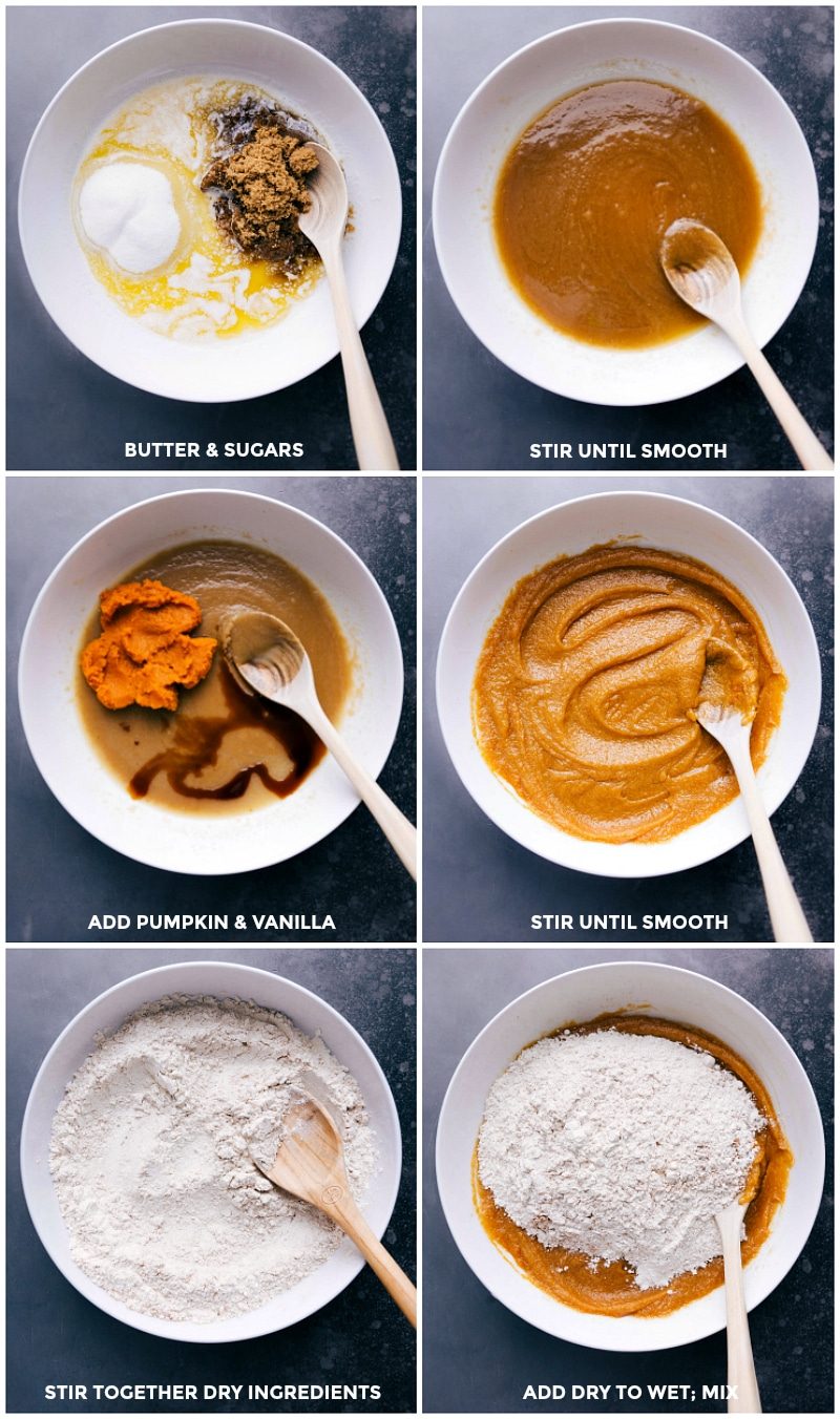 Mixing the wet ingredients together, adding the dry ingredients on top, and combining them in the recipe preparation.