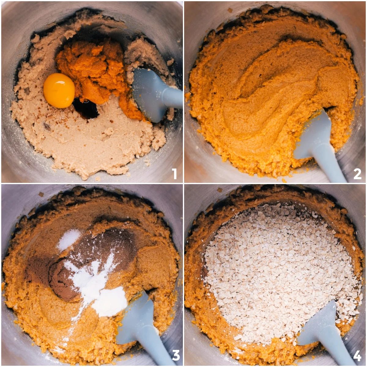 The wet ingredients are beaten together before the spices and oats are added for these pumpkin oatmeal chocolate chip cookies.