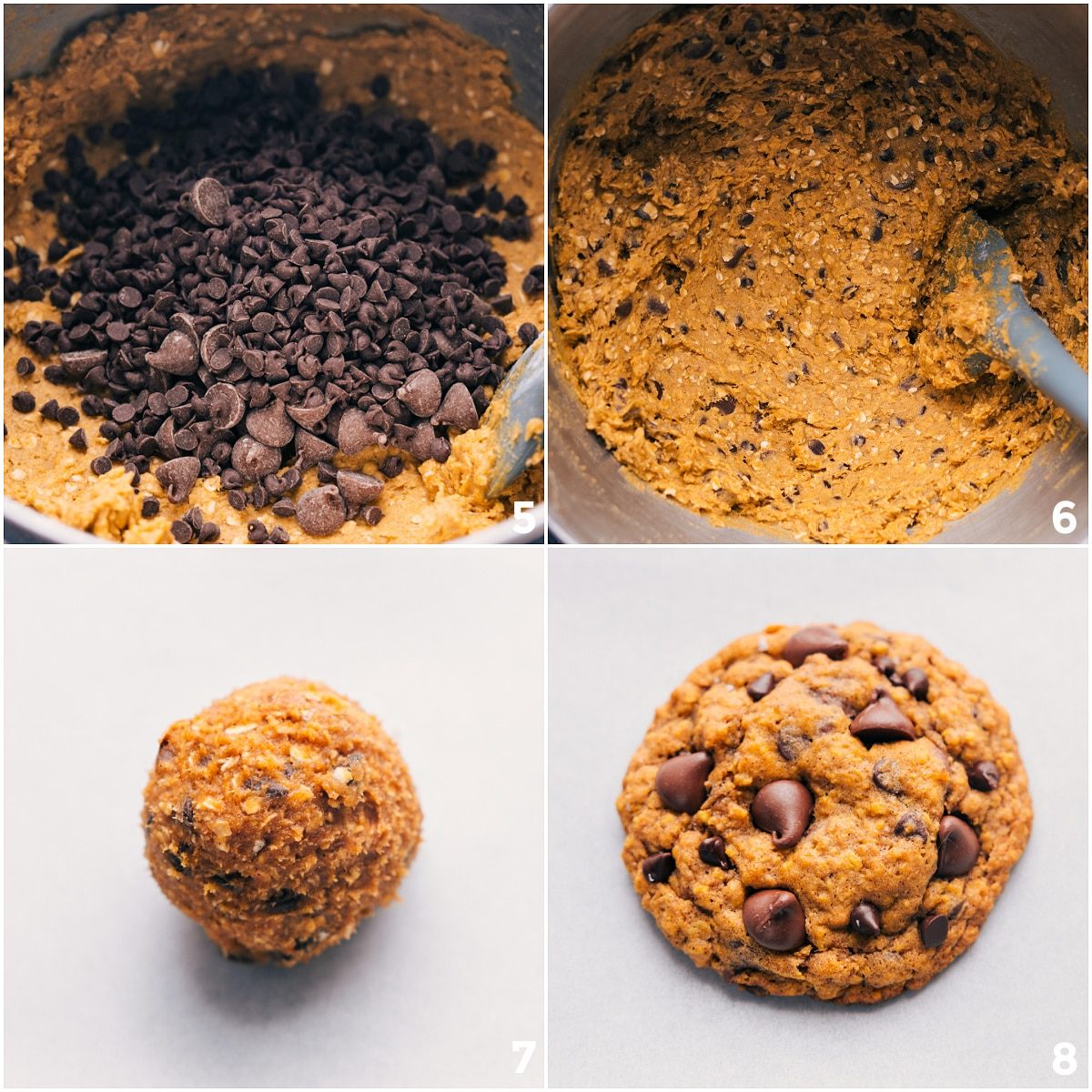 Chocolate chips are folded into the cookie dough before it is rolled into balls and baked.