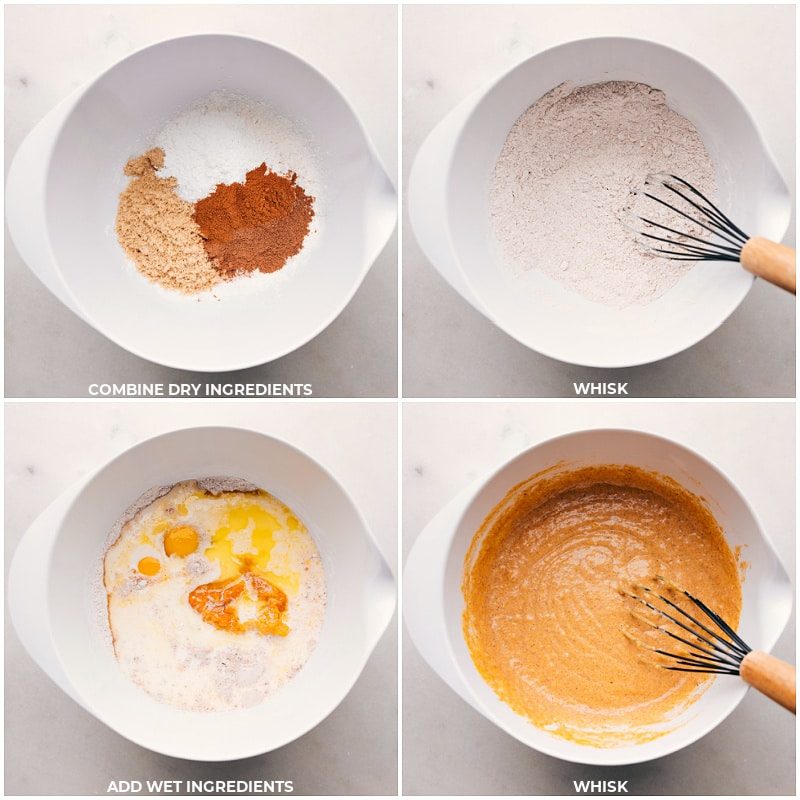 Whisking together wet and dry ingredients for this pumpkin pancake recipe batter.