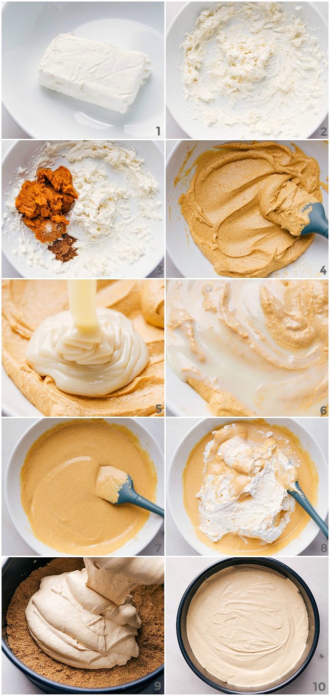 Mixing ingredients to create the luscious filling for straightforward no bake pumpkin cheesecake.