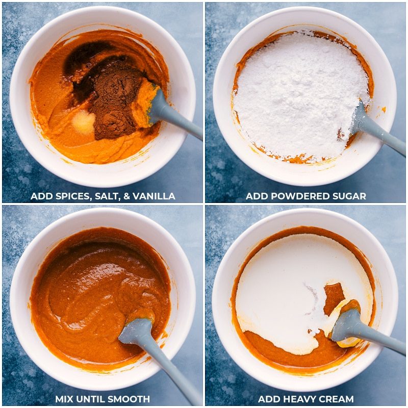 Mixing spices, salt, vanilla, powdered sugar, and cream in a bowl for Pumpkin Pie recipes filling.