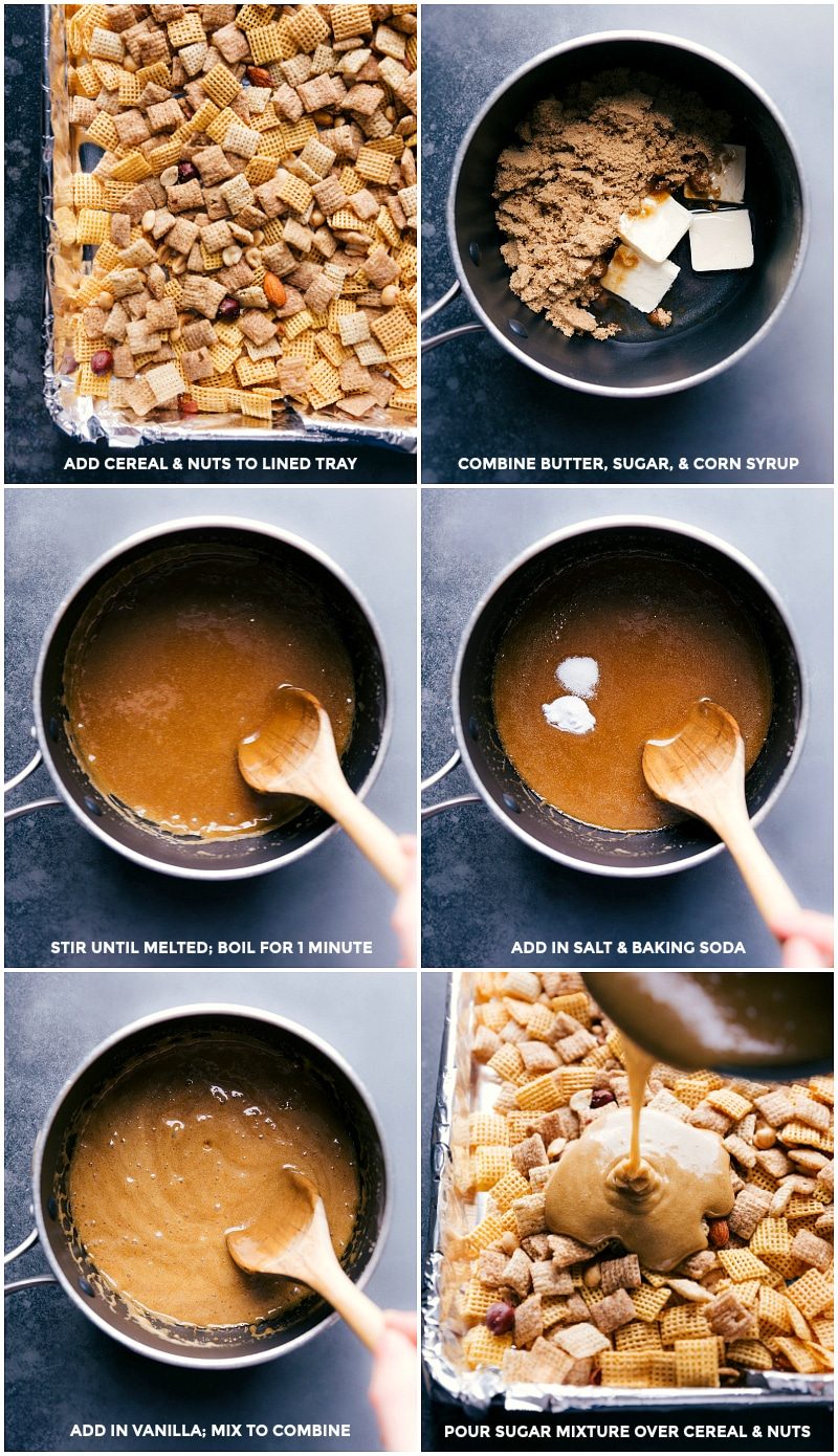Process shot: mix cereal and nuts on a lined baking tray; combine butter, sugar and corn syrup; stir to melt; add in salt and baking soda; mix in vanilla; pour over the cereal and nuts.