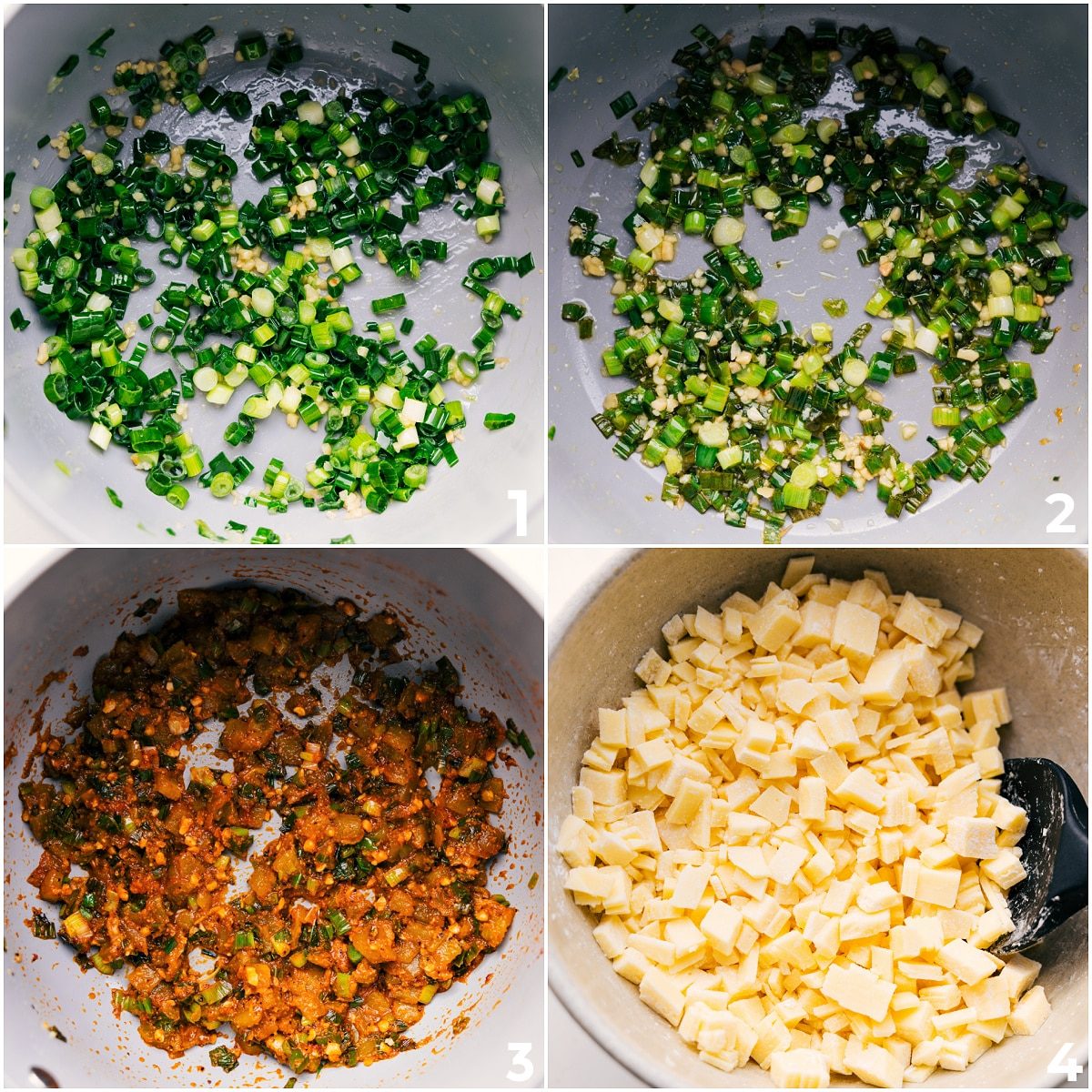 Onions and garlic sautéing in a pan, then seasonings and cheese added to make this queso recipe.