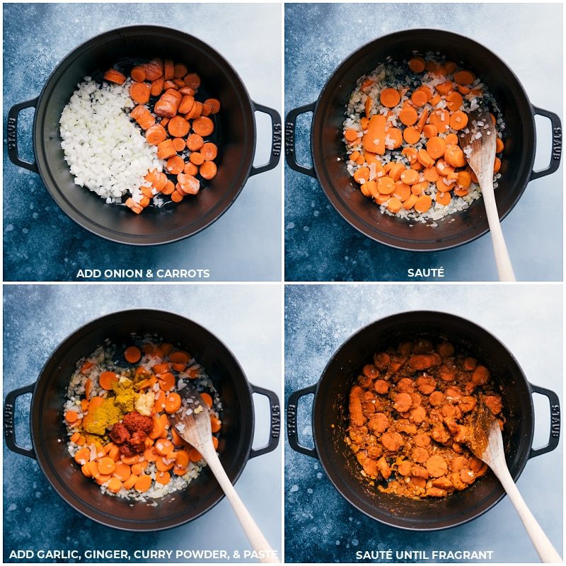 Onions and carrots are sautéed together, then garlic, ginger, curry powder, and curry paste are added.