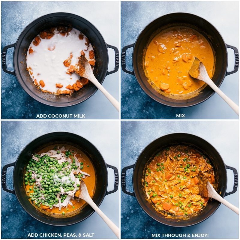 Coconut milk, chicken, peas, and salt all being added to the quick chicken curry.