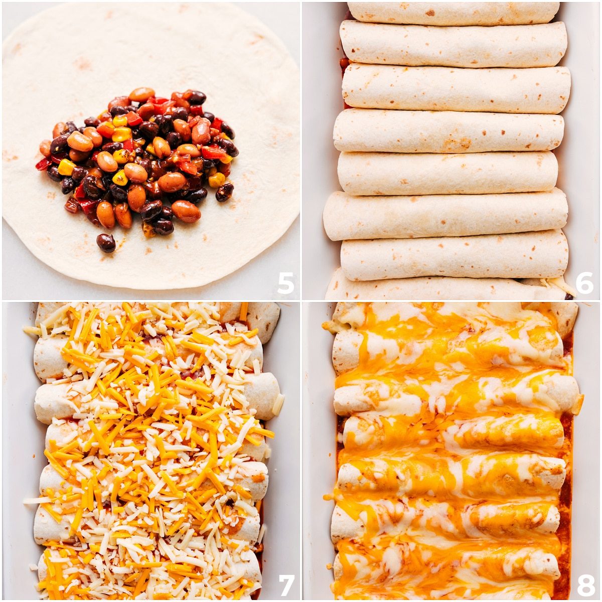 Stuffing, rolling, and placing each tortilla in the pan before covering with cheese and baking.