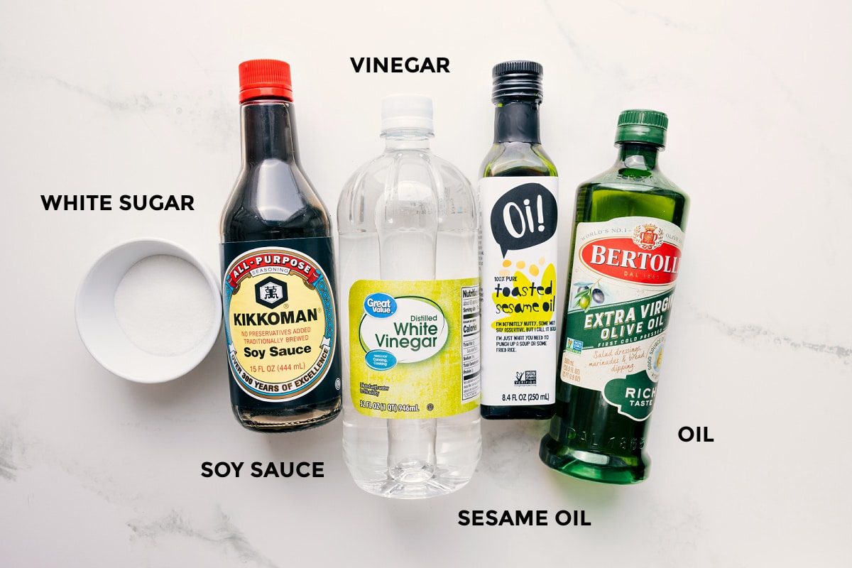 The sauce ingredients in this roman noodle salad recipe prepped out.