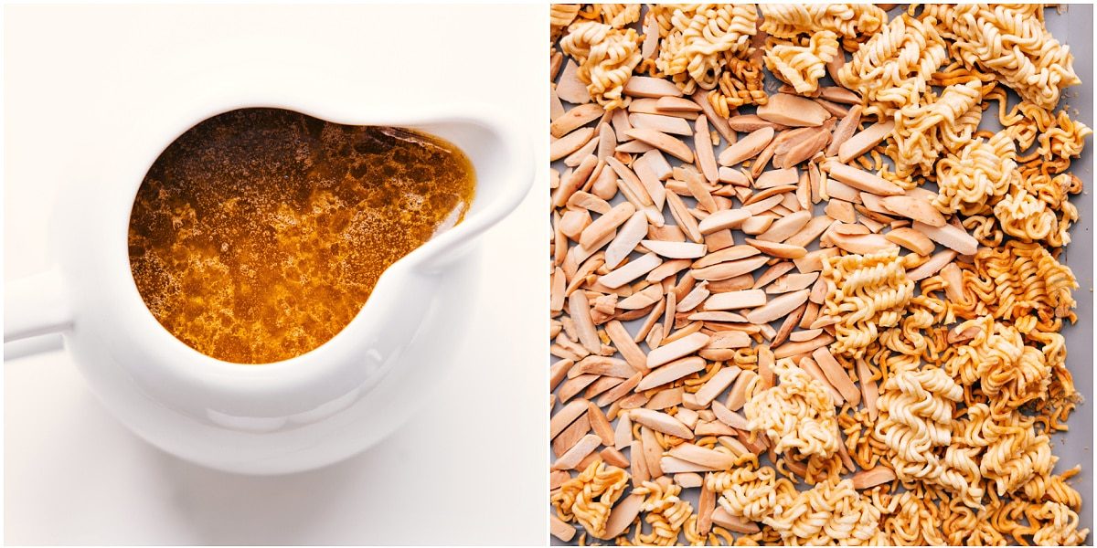 The sauce in a jar and the almonds and ramen and it all being toasted on a tray.