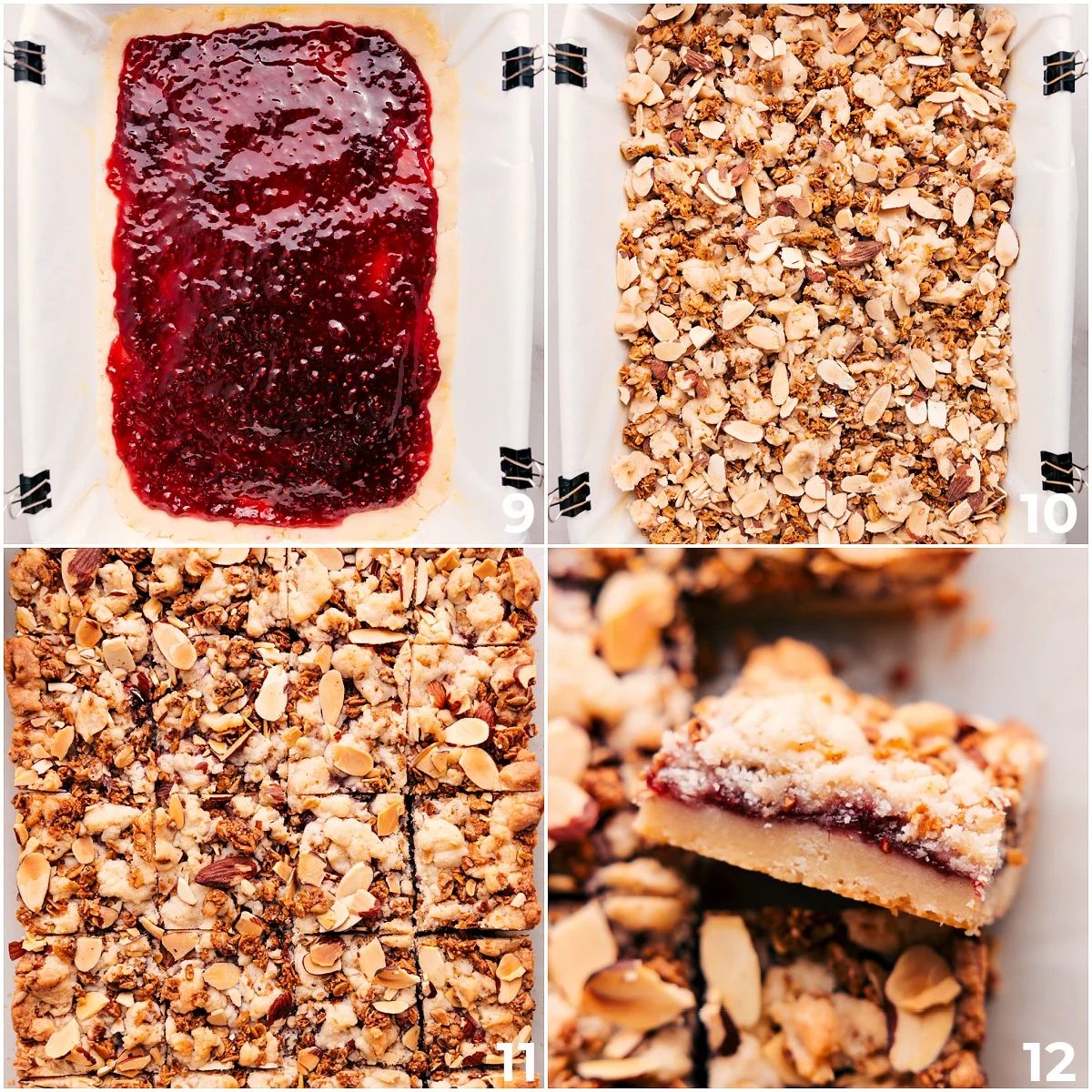 Layering raspberry jam onto the half-baked base, adding the granola-almond dough on top, and baking until the edges turn golden.