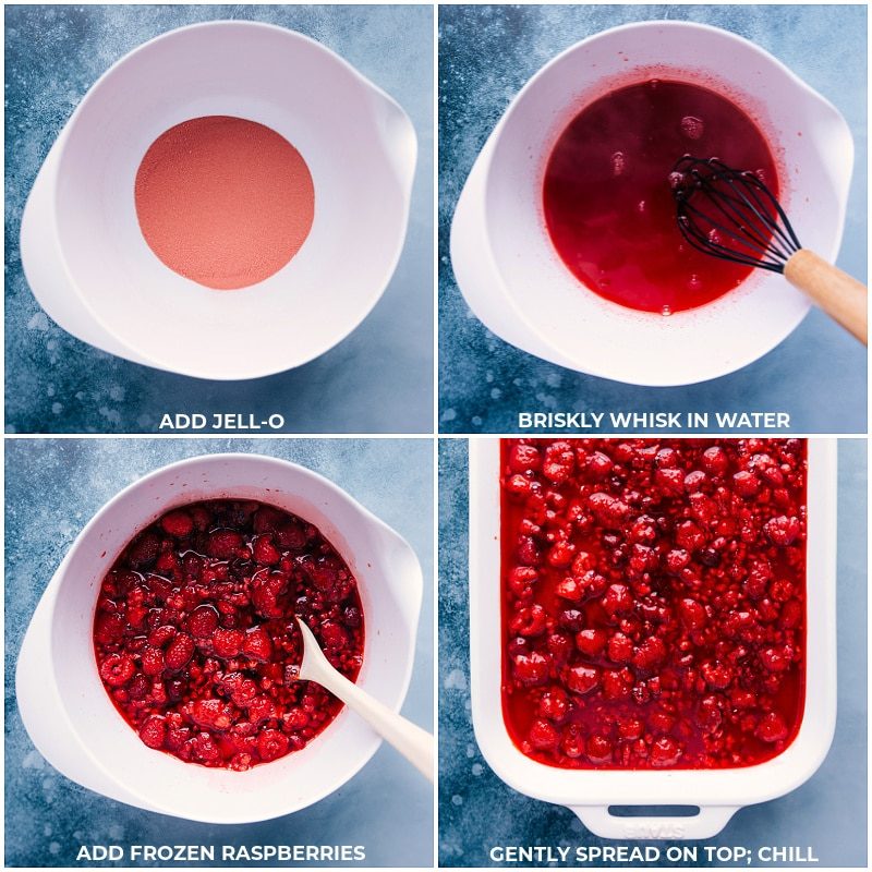 Process shots of the Raspberry Jello Dessert-- images of the jello being whisked together and the frozen raspberries being added and it all being poured on top of it