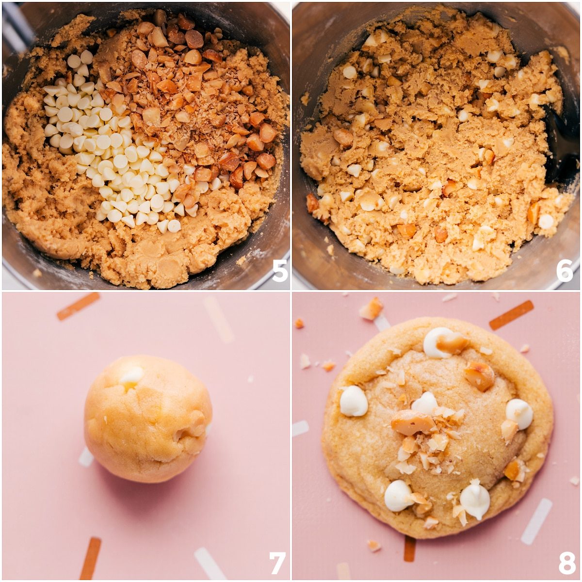 Chocolate chips and nuts added to the dough, then rolled into balls and baked