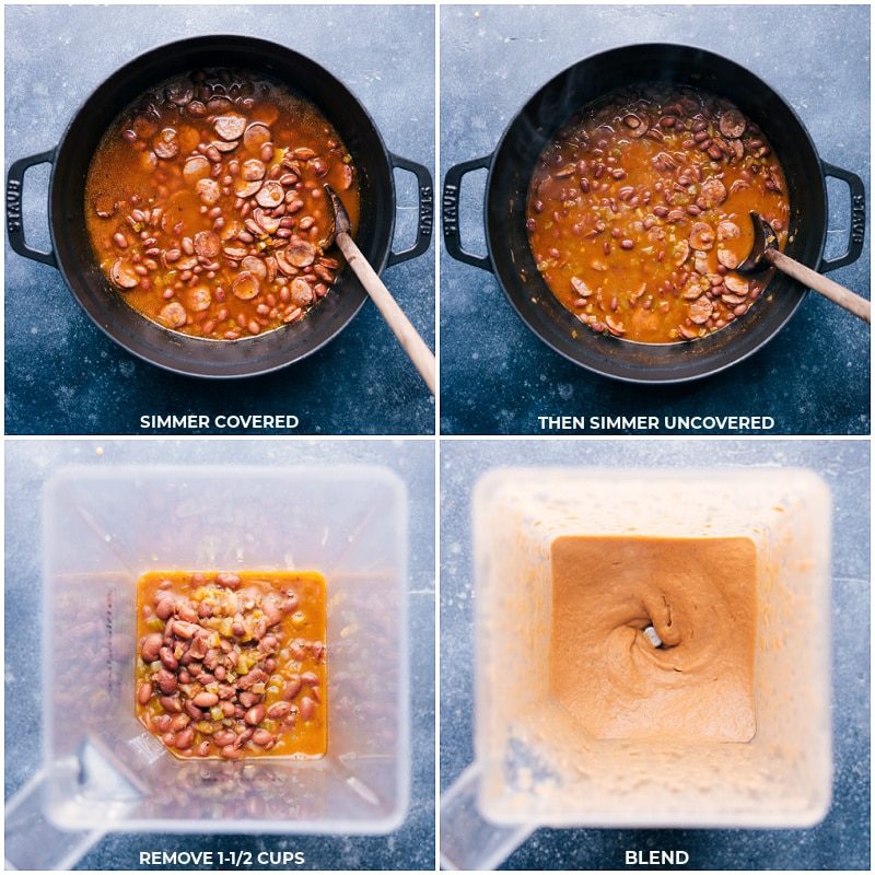 Process shots: simmer the pot covered and later uncovered; remove some of the mixture and blend to thicken the sauce.