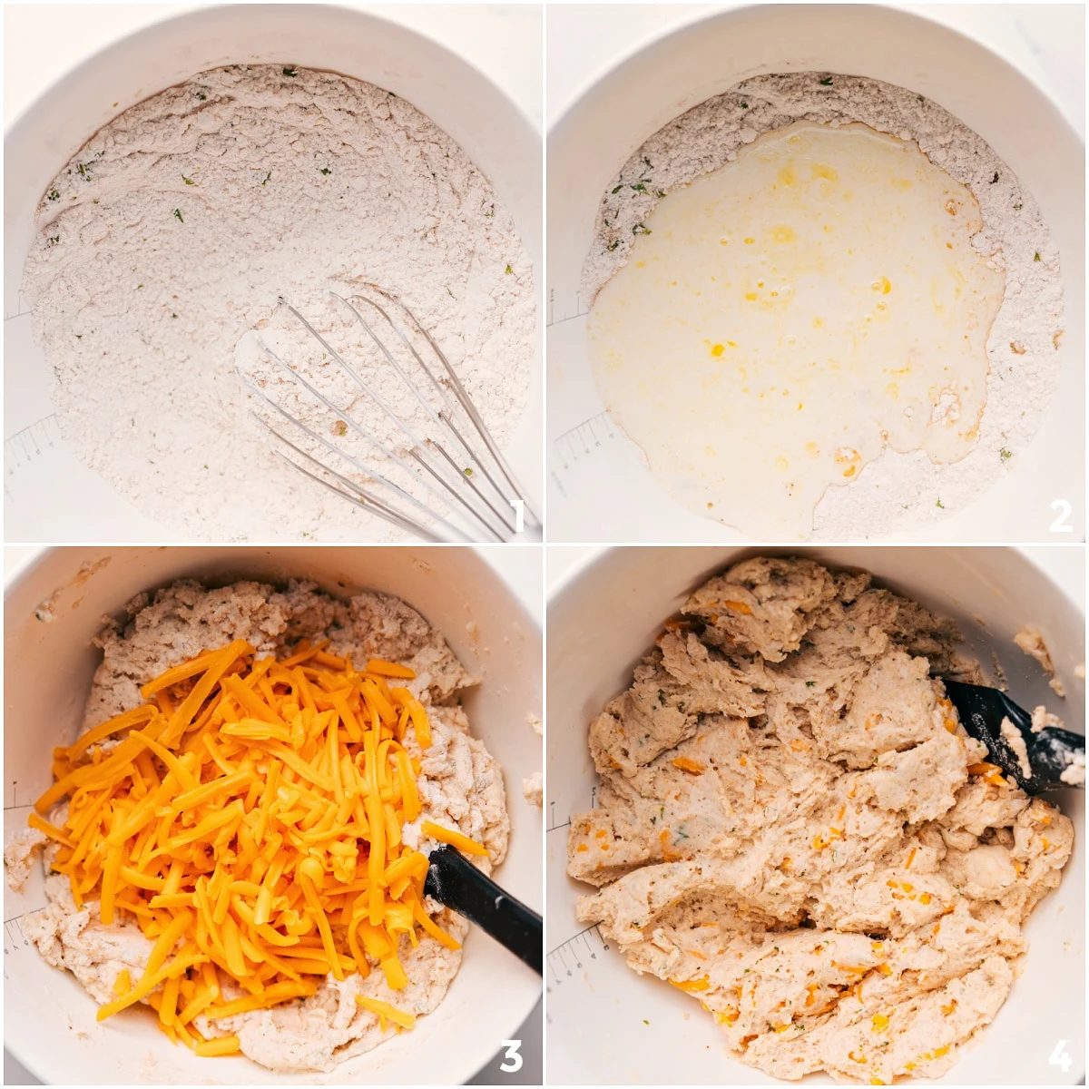Whisking the dry ingredients, then adding the wet ingredients and cheese for Red Lobster Cheddar Bay Biscuits.