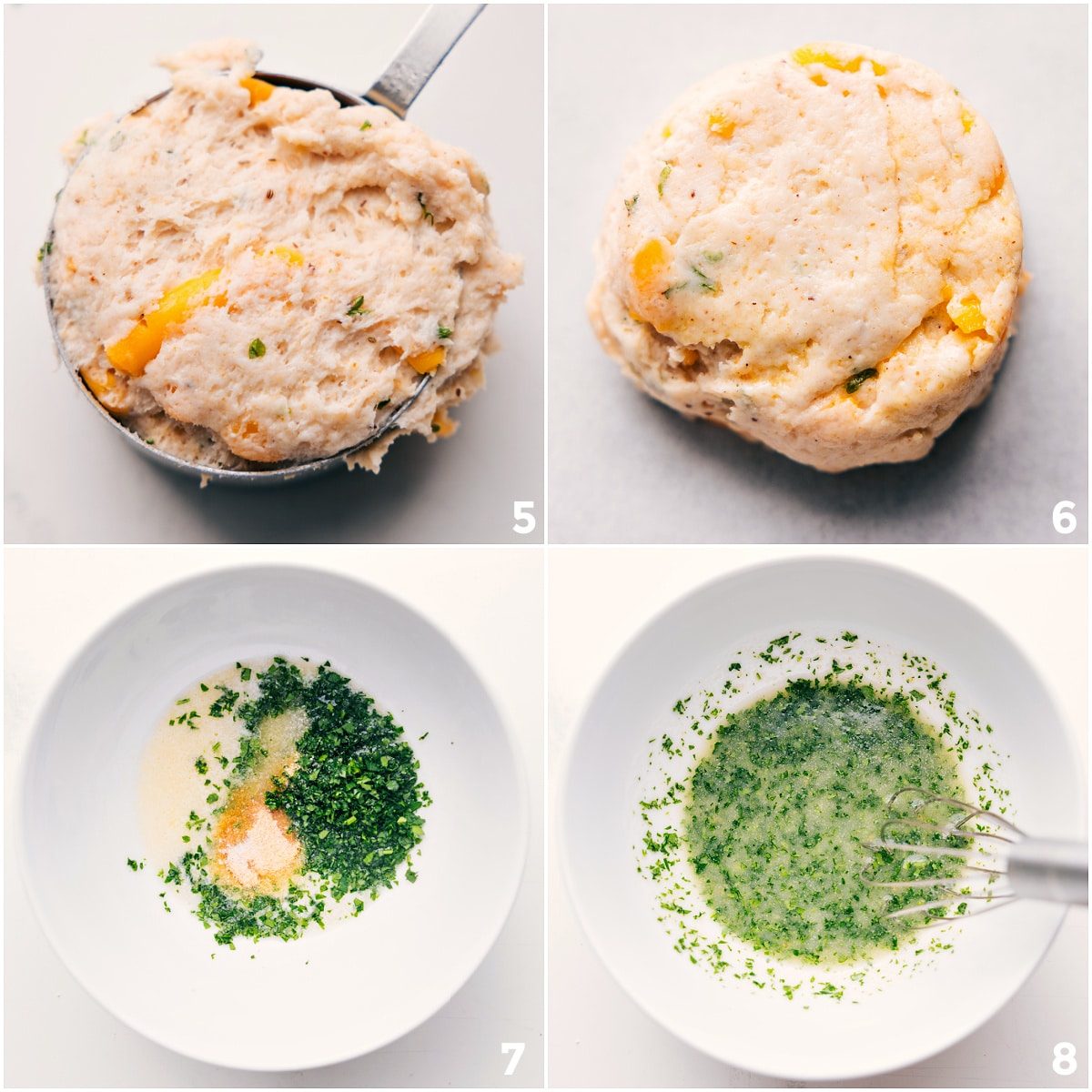 Adding the batter into a measuring cup and whisking together the butter herb mixture to spread on top.