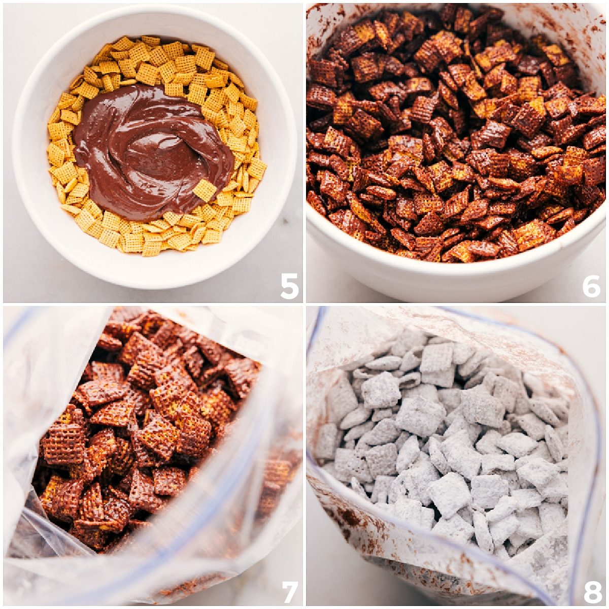 Melted peanut butter chocolate poured over cereal, mixed until coated, then shaken in powdered sugar.