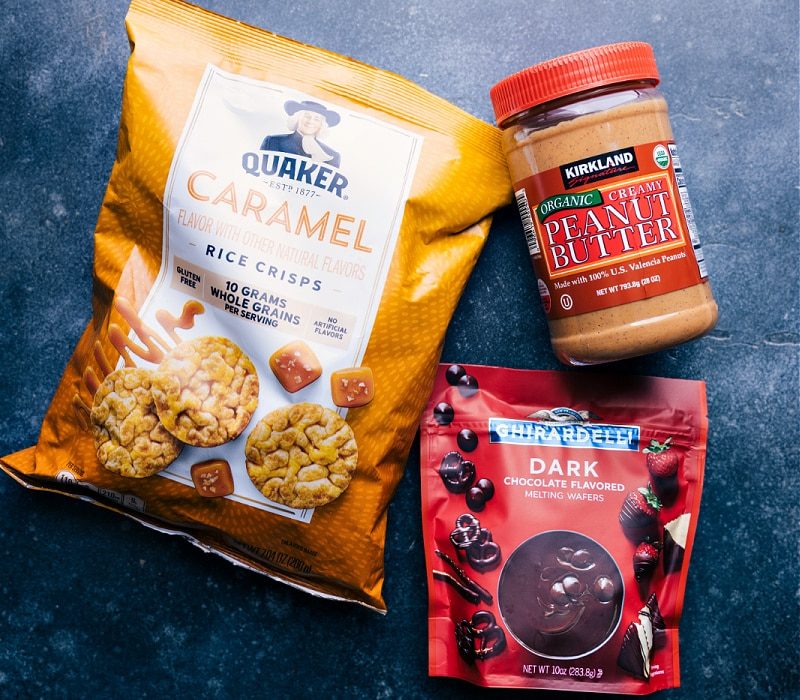 Ingredients laid out for straightforward assembly including the rice cakes, chocolate, and peanut butter.