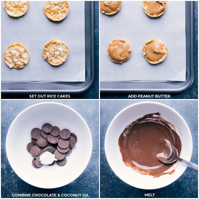 Rice Cake With Peanut Butter being made by layering on peanut butter on the cakes and then melting chocolate to add on top.