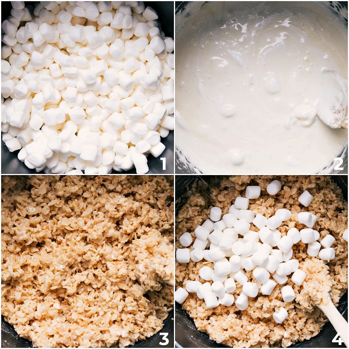 Melt marshmallows and mix in cereal to make the base and top layers of these bars.