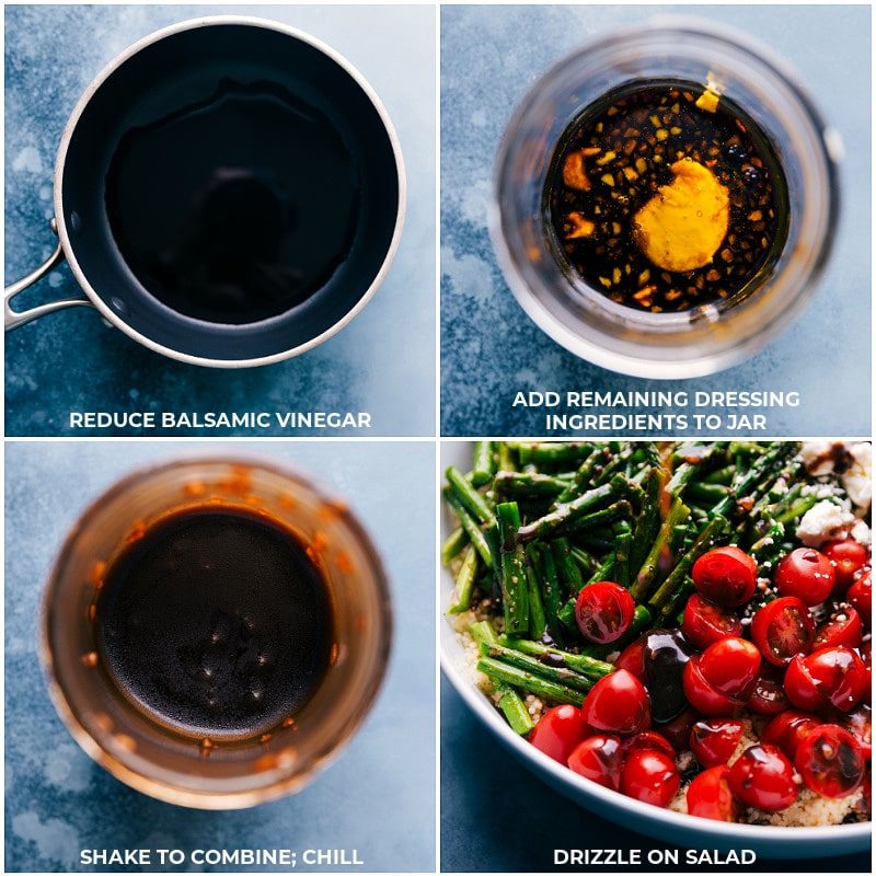 Balsamic vinaigrette being mixed in a mason jar and drizzled over this asparagus salad recipe.