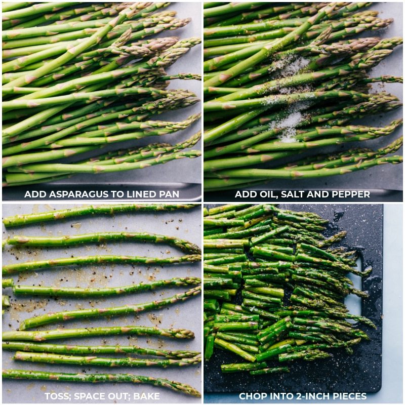The asparagus being seasoned and roasted.