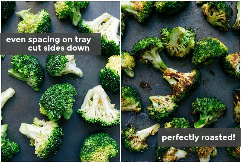 Vegetables arranged on a tray, laid cut side down to ensure reliable cooking.