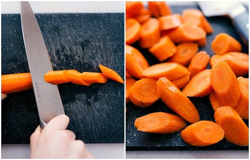 The carrots being chopped for roasted carrots.