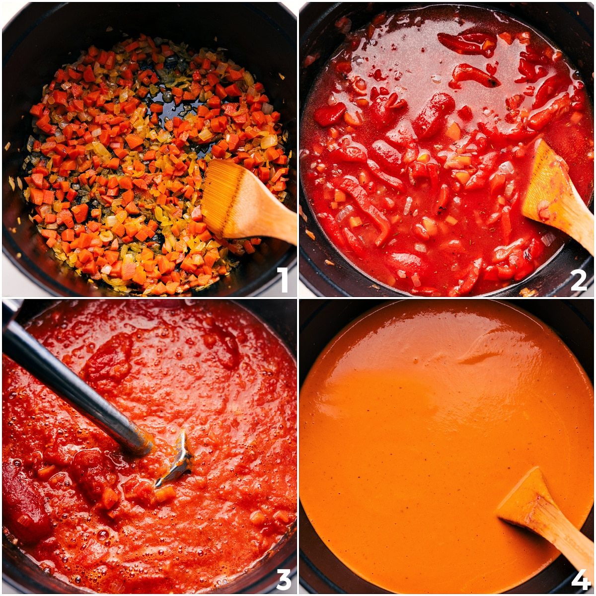 Sautéed veggies with tomatoes, broth, and roasted red peppers blending together in the pot for roasted red pepper gouda soup.