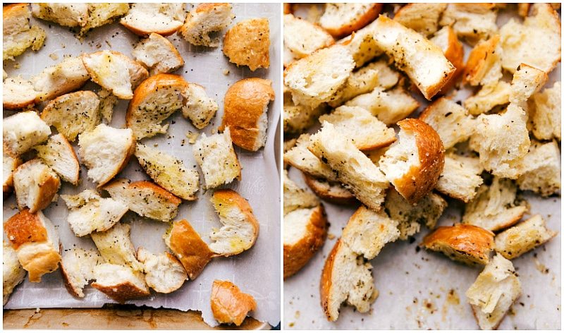 The satisfying and flavor-packed from-scratch croutons being made, a reliable addition to this dish.