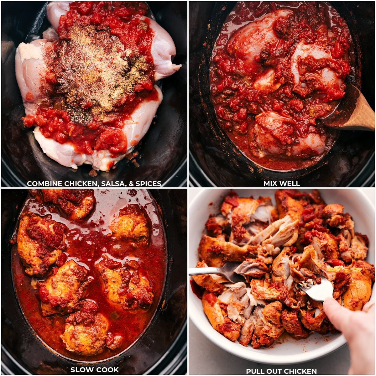 All the ingredients being added to a slow cooker for this Salsa slow cooker Chicken