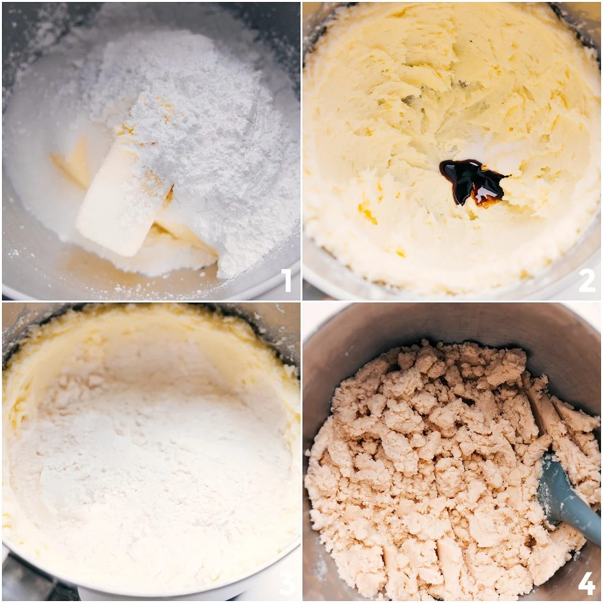 Base dough for these Caramel Cookie Bars being mixed by combining butter, sugar, flour, and vanilla.