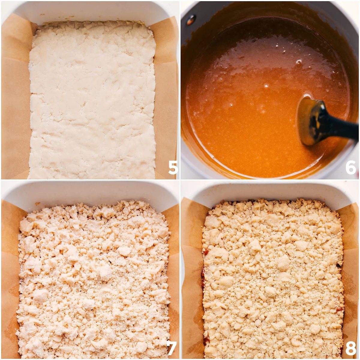 Base batter spread in a pan, melted caramel sauce poured over the top, and crumble added.