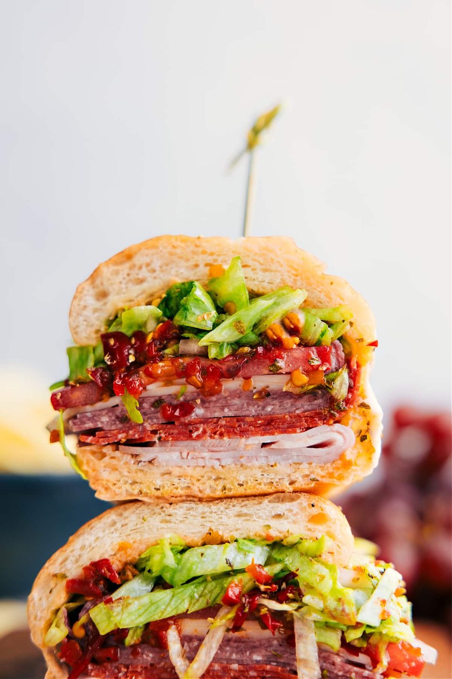 Italian hoagie with deli meats, provolone, tomatoes, onions, and lettuce.