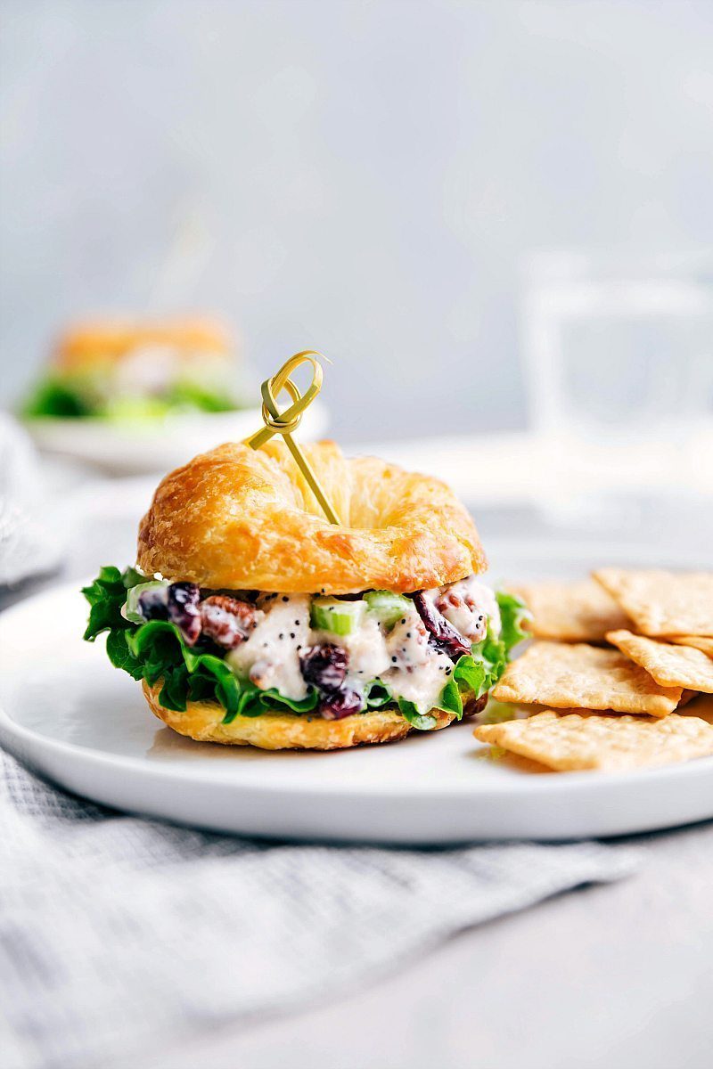 Chicken salad with creamy chicken salad piled generously between slices of bread.