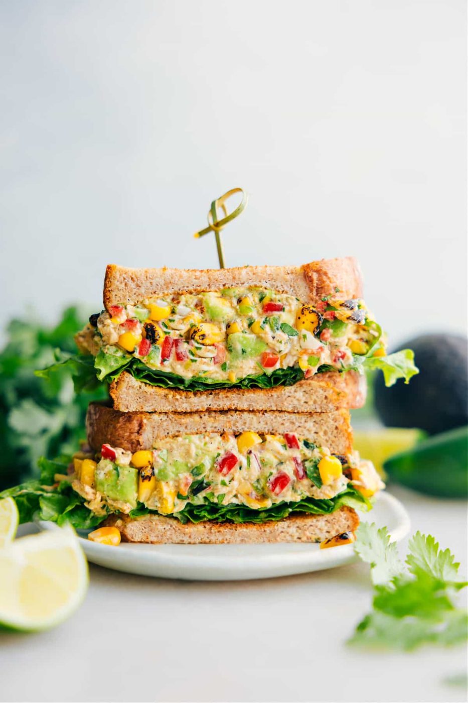 Mexican street corn chicken salad with smoky corn, chicken, avocado, and creamy dressing.