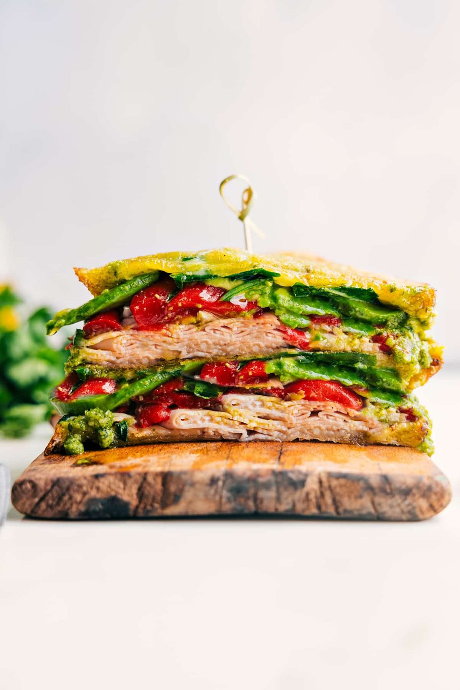 Panini sandwich recipes with turkey, pesto, provolone, avocado, peppers, and arugula.