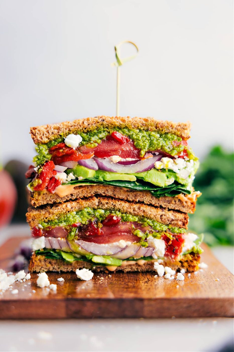 Mediterranean sandwich recipes loaded with vegetables, feta cheese, and basil pesto.